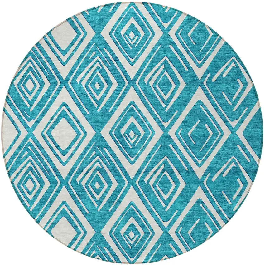 8' Teal Blue And Ivory Round Geometric Washable Indoor Outdoor Area Rug Photo 6