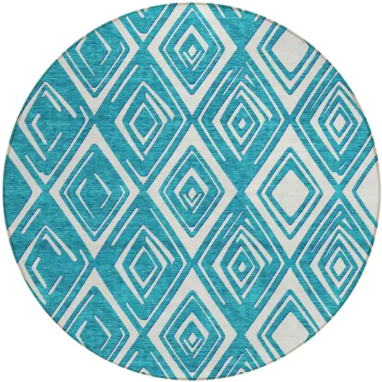 8' Teal Blue And Ivory Round Geometric Washable Indoor Outdoor Area Rug Photo 2