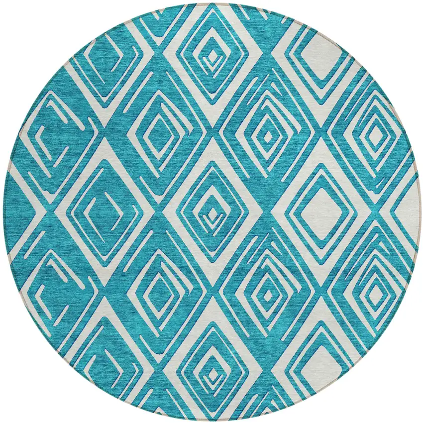 8' Teal Blue And Ivory Round Geometric Washable Indoor Outdoor Area Rug Photo 2