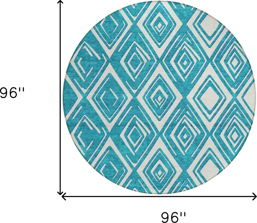 8' Teal Blue And Ivory Round Geometric Washable Indoor Outdoor Area Rug Photo 3