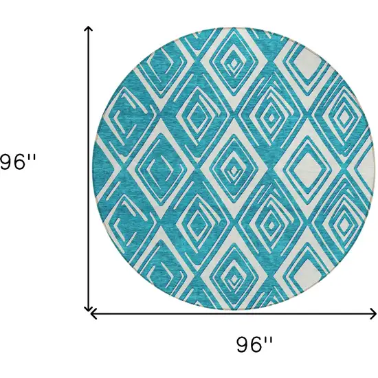 8' Teal Blue And Ivory Round Geometric Washable Indoor Outdoor Area Rug Photo 3