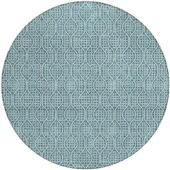 8' Teal Blue And Ivory Round Geometric Washable Indoor Outdoor Area Rug Photo 2