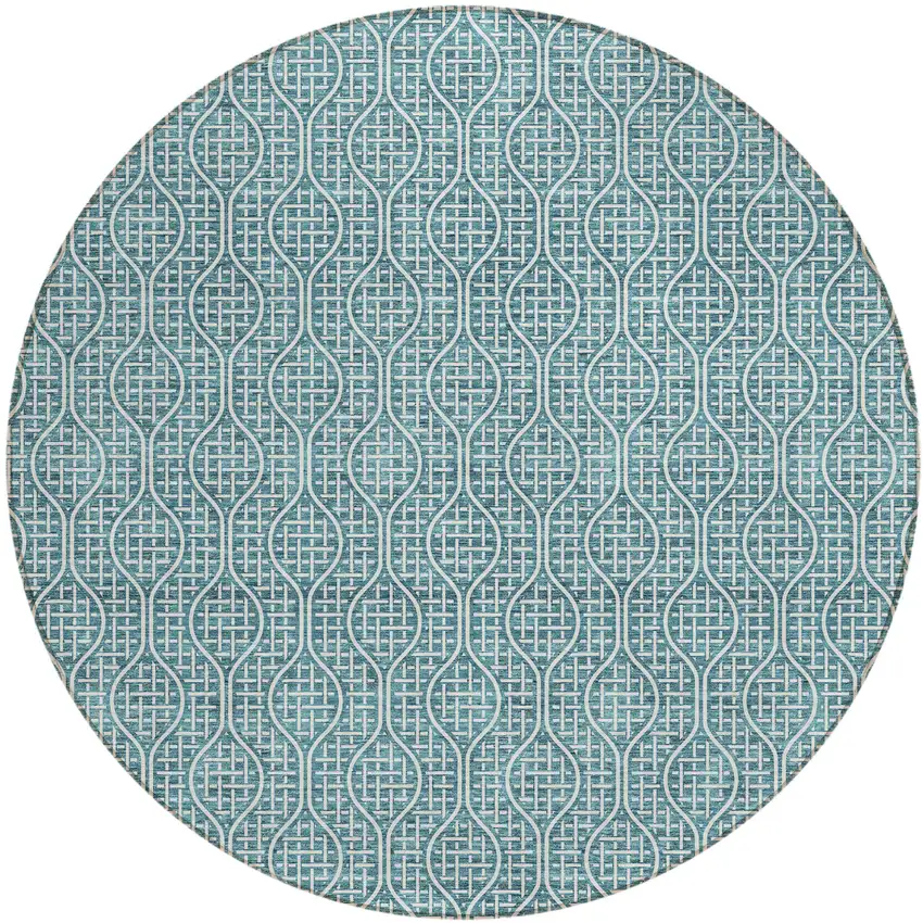 8' Teal Blue And Ivory Round Geometric Washable Indoor Outdoor Area Rug Photo 2