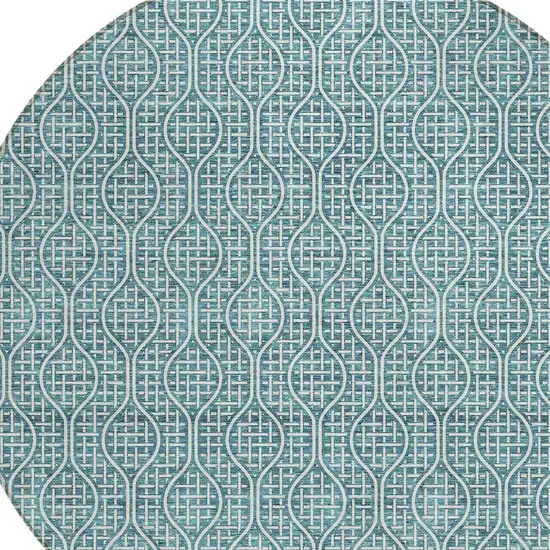 8' Teal Blue And Ivory Round Geometric Washable Indoor Outdoor Area Rug Photo 5