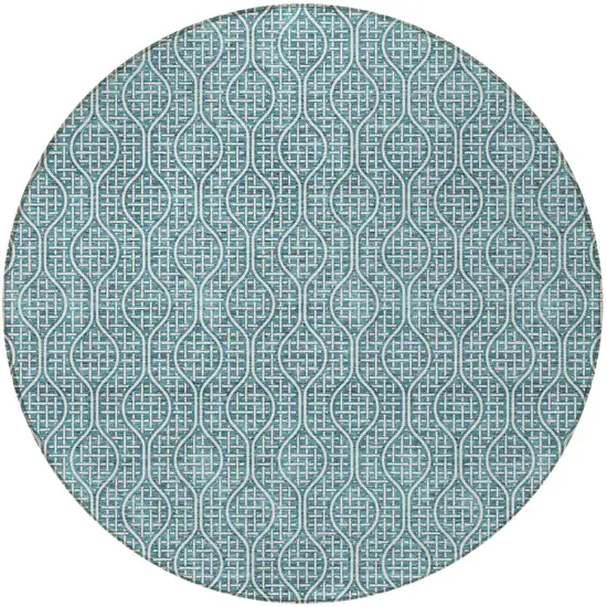 8' Teal Blue And Ivory Round Geometric Washable Indoor Outdoor Area Rug Photo 6