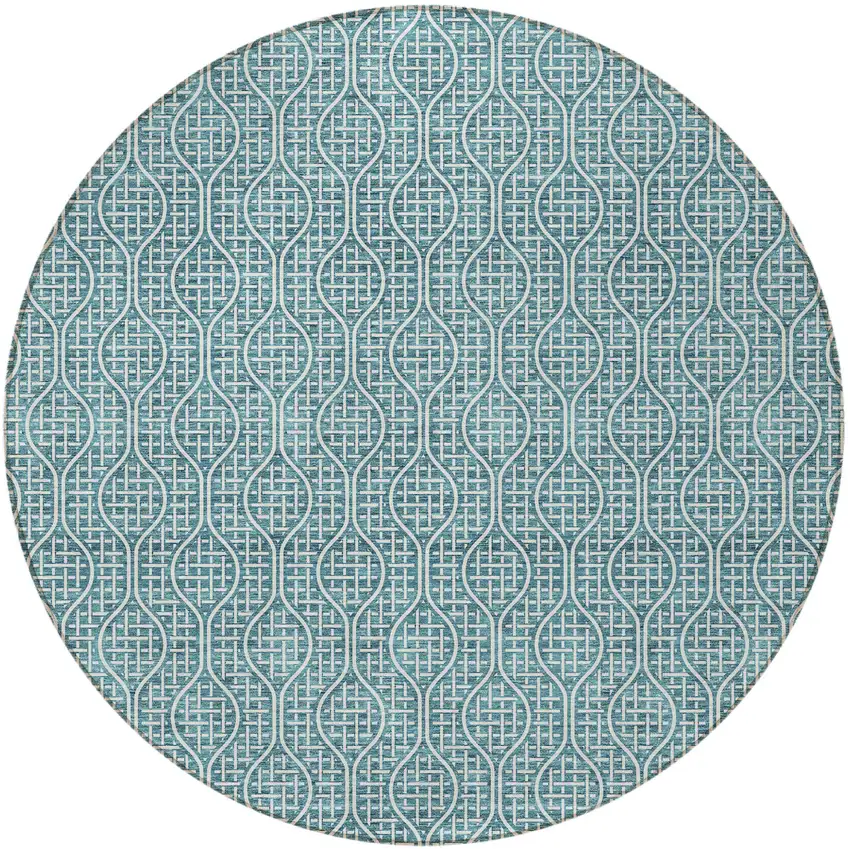 8' Teal Blue And Ivory Round Geometric Washable Indoor Outdoor Area Rug Photo 6