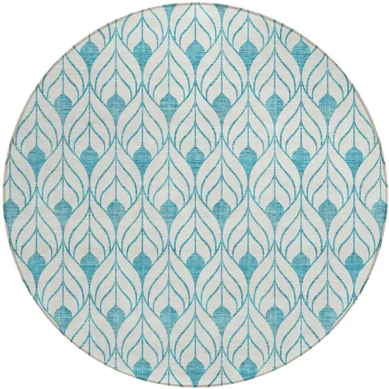 8' Teal Blue And Ivory Round Geometric Washable Indoor Outdoor Area Rug Photo 2