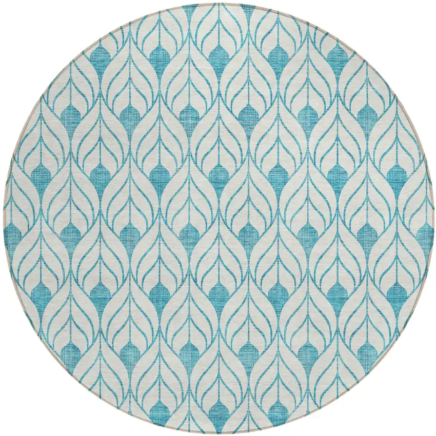 8' Teal Blue And Ivory Round Geometric Washable Indoor Outdoor Area Rug Photo 2