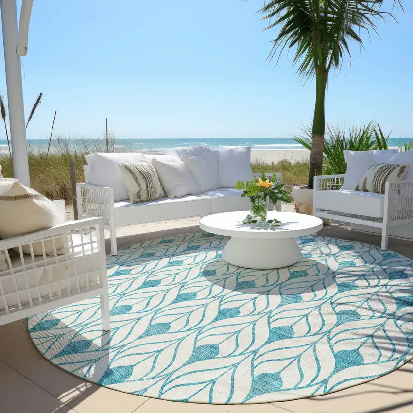 8' Teal Blue And Ivory Round Geometric Washable Indoor Outdoor Area Rug Photo 6