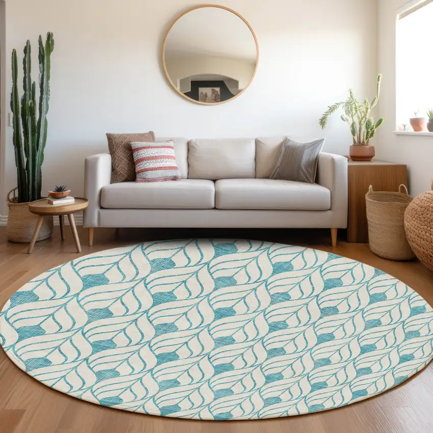 8' Teal Blue And Ivory Round Geometric Washable Indoor Outdoor Area Rug Photo 7