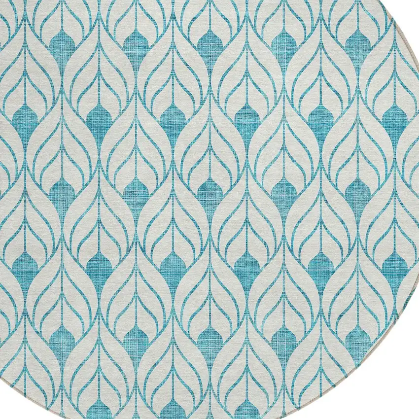 8' Teal Blue And Ivory Round Geometric Washable Indoor Outdoor Area Rug Photo 4