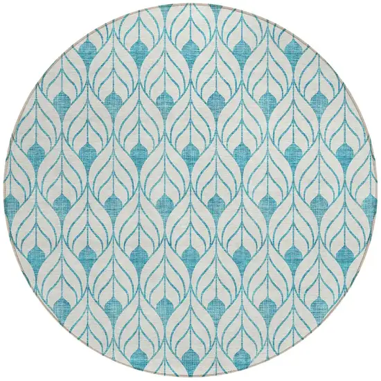 8' Teal Blue And Ivory Round Geometric Washable Indoor Outdoor Area Rug Photo 5