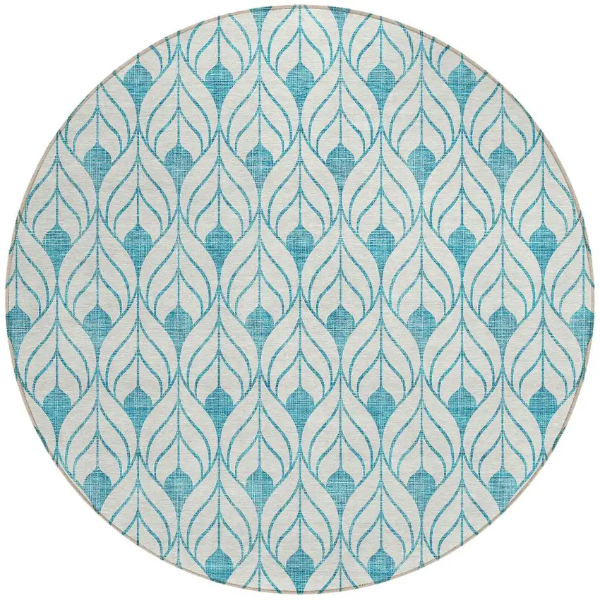 8' Teal Blue And Ivory Round Geometric Washable Indoor Outdoor Area Rug Photo 5