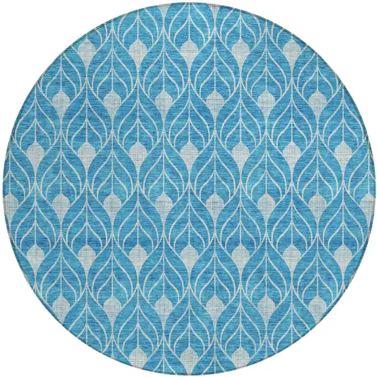 8' Teal Blue And Ivory Round Geometric Washable Indoor Outdoor Area Rug Photo 2