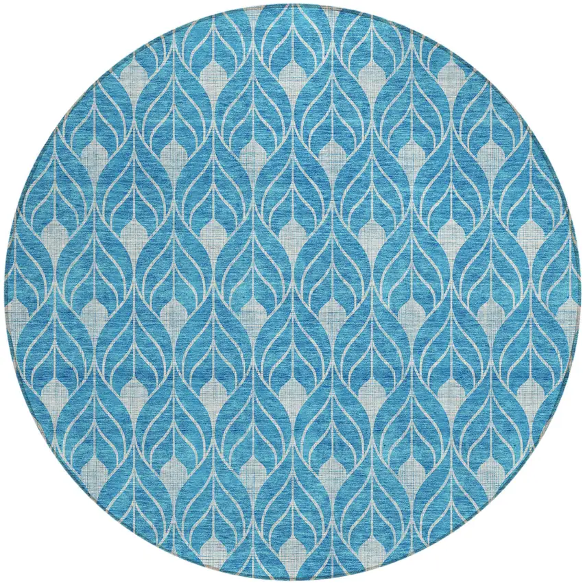 8' Teal Blue And Ivory Round Geometric Washable Indoor Outdoor Area Rug Photo 2