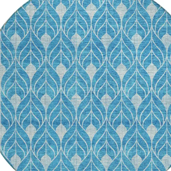8' Teal Blue And Ivory Round Geometric Washable Indoor Outdoor Area Rug Photo 4