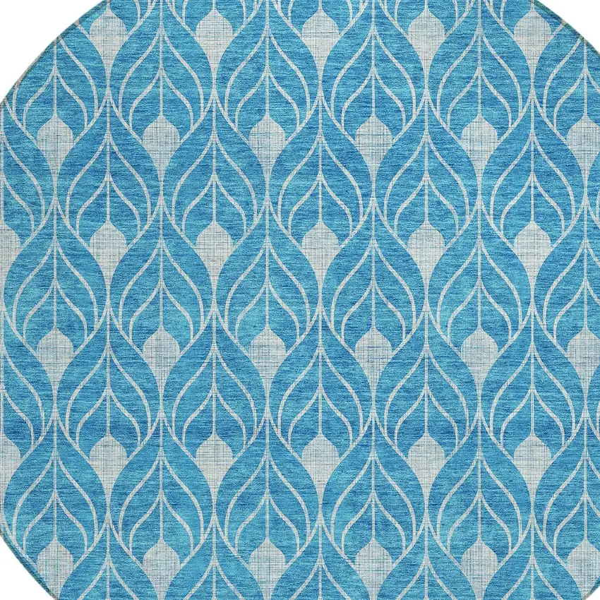 8' Teal Blue And Ivory Round Geometric Washable Indoor Outdoor Area Rug Photo 4