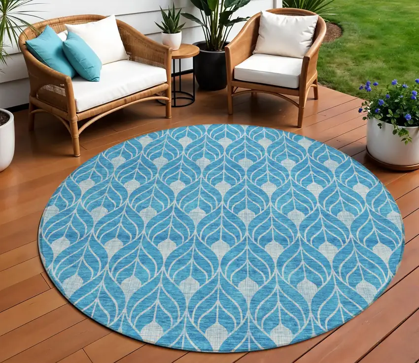 8' Teal Blue And Ivory Round Geometric Washable Indoor Outdoor Area Rug Photo 1