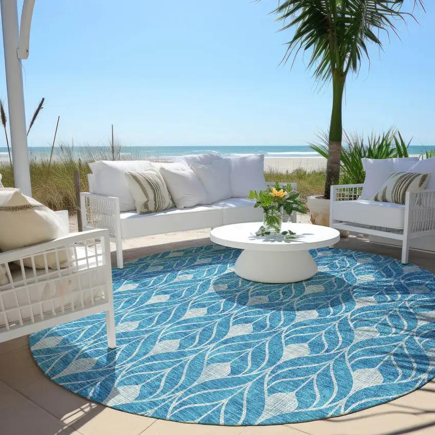 8' Teal Blue And Ivory Round Geometric Washable Indoor Outdoor Area Rug Photo 6