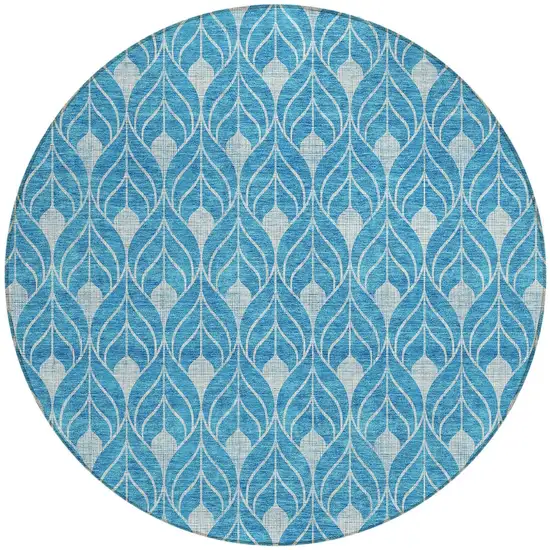 8' Teal Blue And Ivory Round Geometric Washable Indoor Outdoor Area Rug Photo 5