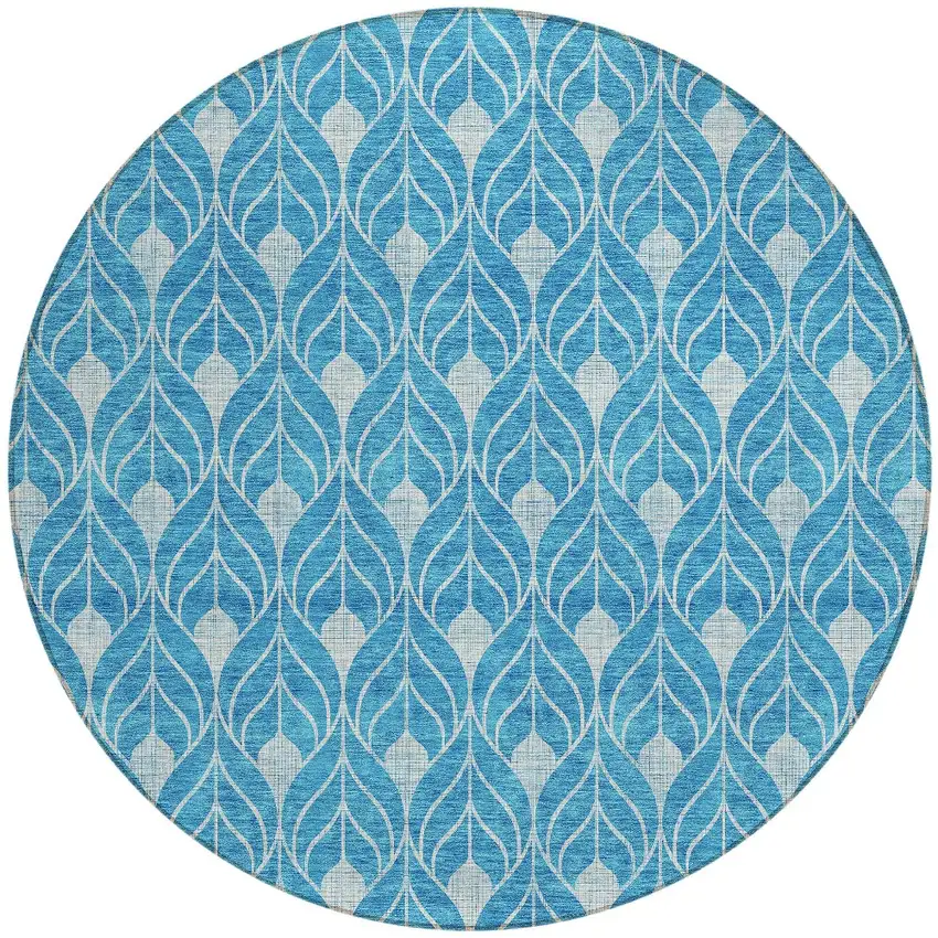 8' Teal Blue And Ivory Round Geometric Washable Indoor Outdoor Area Rug Photo 5