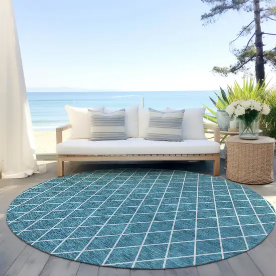 8' Teal Blue And Ivory Round Geometric Washable Indoor Outdoor Area Rug Photo 6