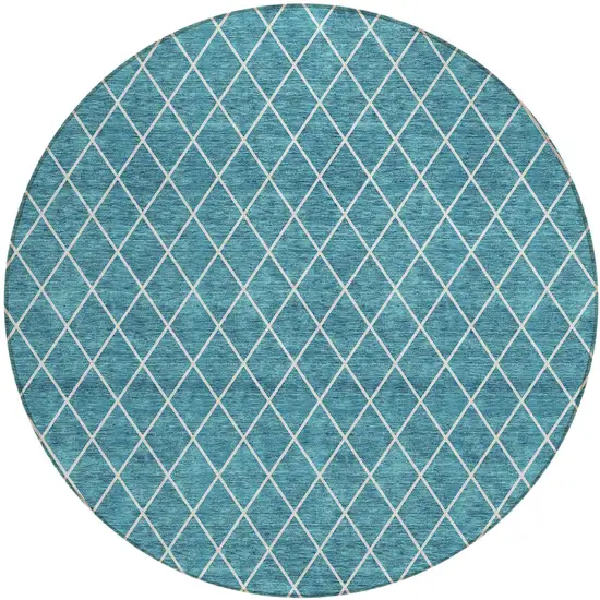 8' Teal Blue And Ivory Round Geometric Washable Indoor Outdoor Area Rug Photo 2