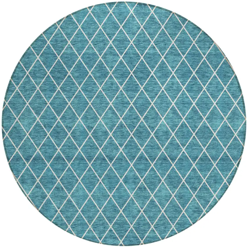 8' Teal Blue And Ivory Round Geometric Washable Indoor Outdoor Area Rug Photo 2