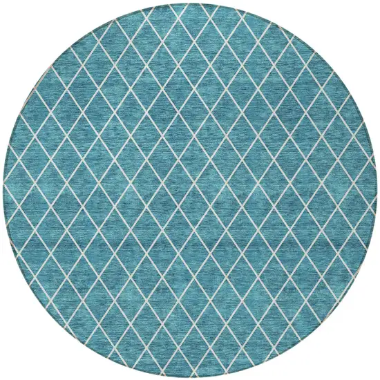 8' Teal Blue And Ivory Round Geometric Washable Indoor Outdoor Area Rug Photo 5