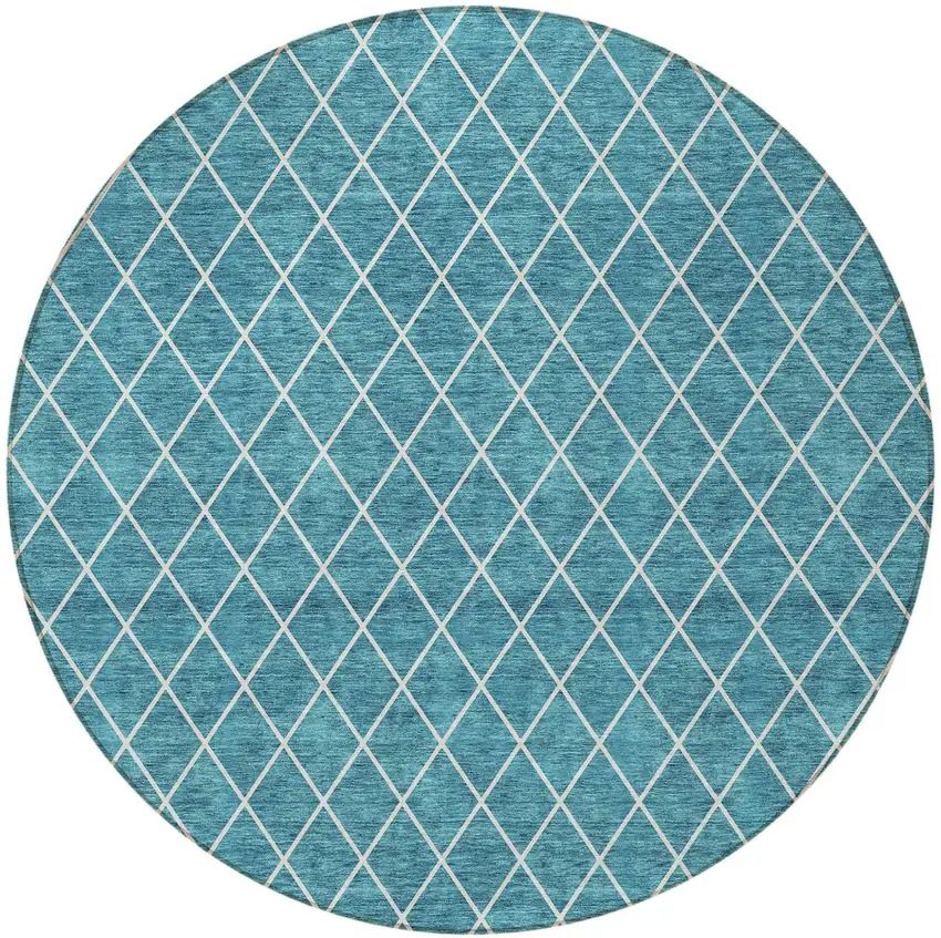 8' Teal Blue And Ivory Round Geometric Washable Indoor Outdoor Area Rug Photo 5