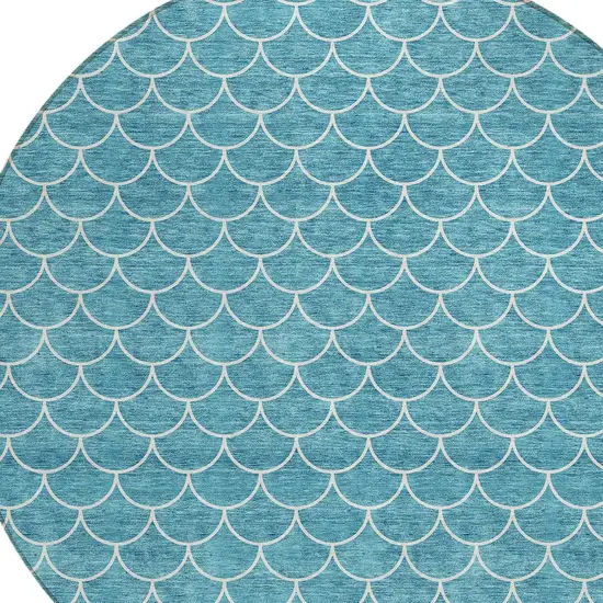 8' Teal Blue And Ivory Round Geometric Washable Indoor Outdoor Area Rug Photo 5