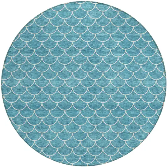 8' Teal Blue And Ivory Round Geometric Washable Indoor Outdoor Area Rug Photo 2