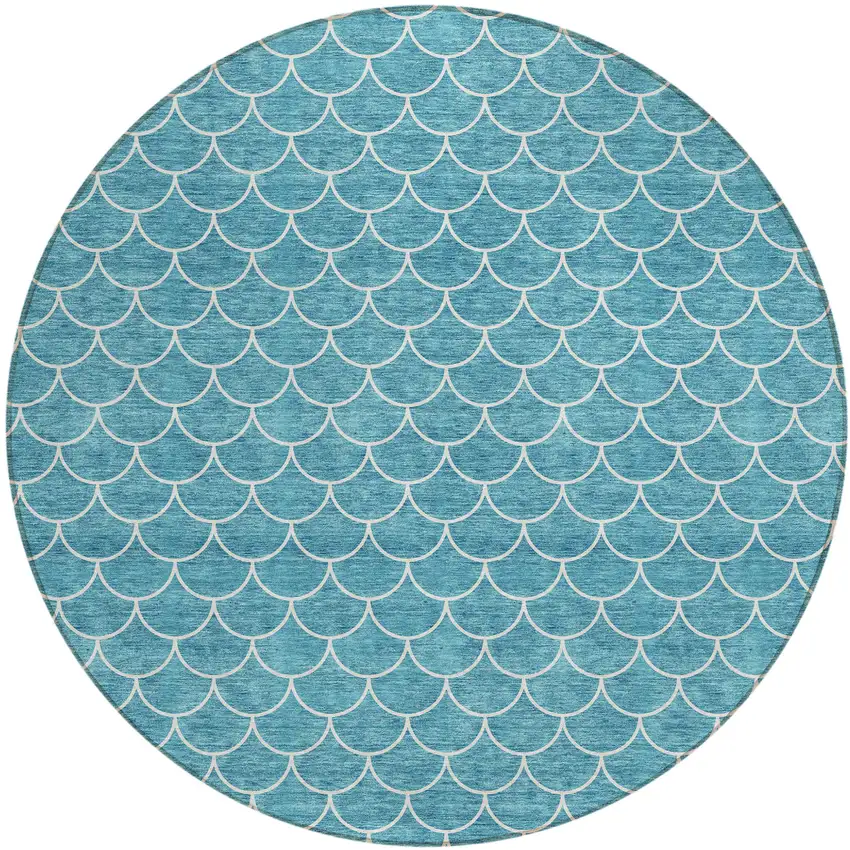 8' Teal Blue And Ivory Round Geometric Washable Indoor Outdoor Area Rug Photo 2