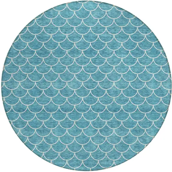 8' Teal Blue And Ivory Round Geometric Washable Indoor Outdoor Area Rug Photo 6