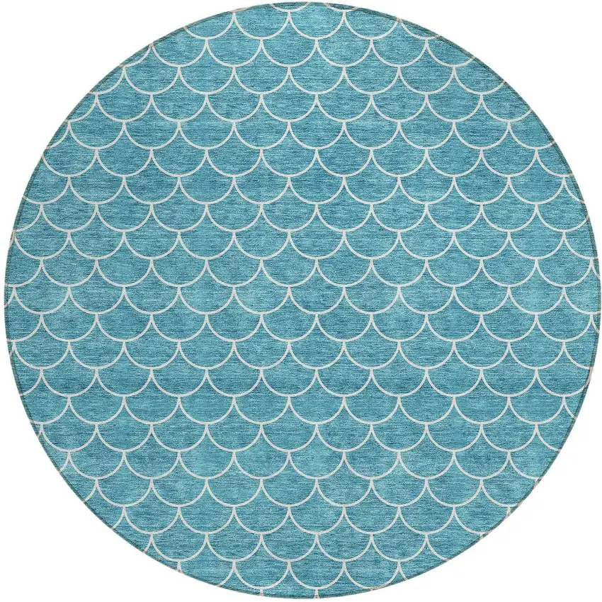 8' Teal Blue And Ivory Round Geometric Washable Indoor Outdoor Area Rug Photo 6