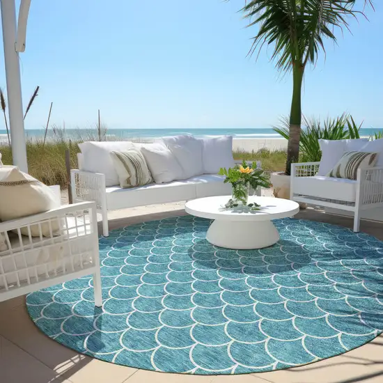 8' Teal Blue And Ivory Round Geometric Washable Indoor Outdoor Area Rug Photo 7