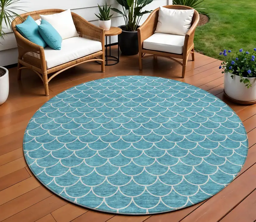 8' Teal Blue And Ivory Round Geometric Washable Indoor Outdoor Area Rug Photo 1