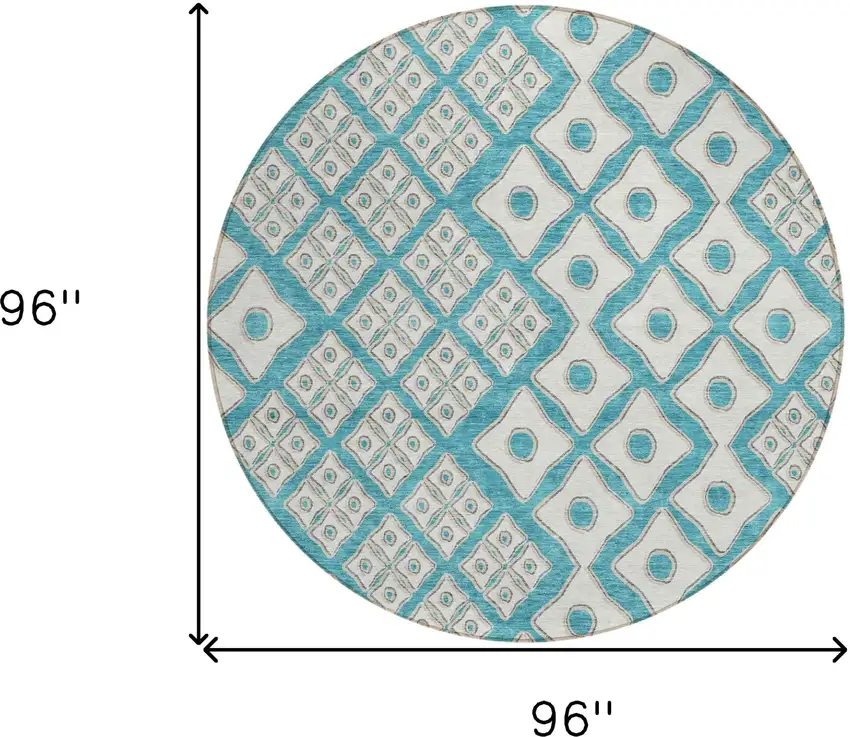 8' Teal Blue And Ivory Round Geometric Washable Indoor Outdoor Area Rug Photo 3