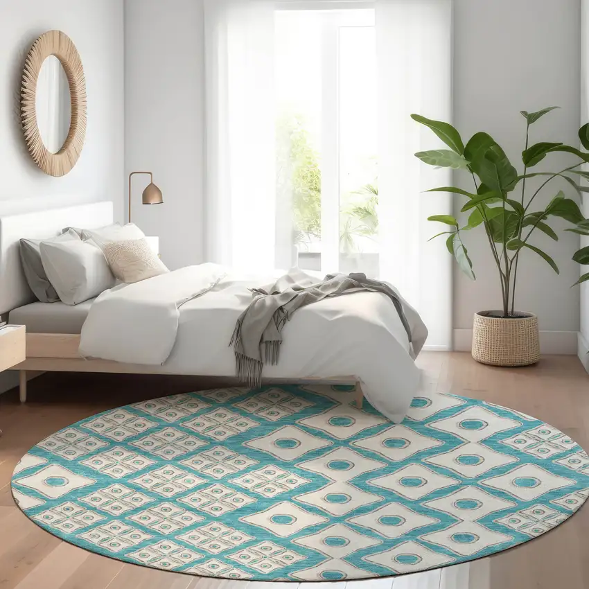 8' Teal Blue And Ivory Round Geometric Washable Indoor Outdoor Area Rug Photo 8