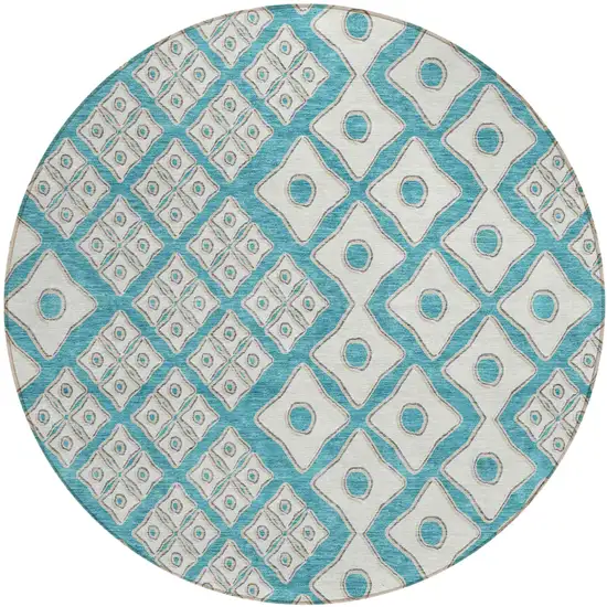 8' Teal Blue And Ivory Round Geometric Washable Indoor Outdoor Area Rug Photo 2
