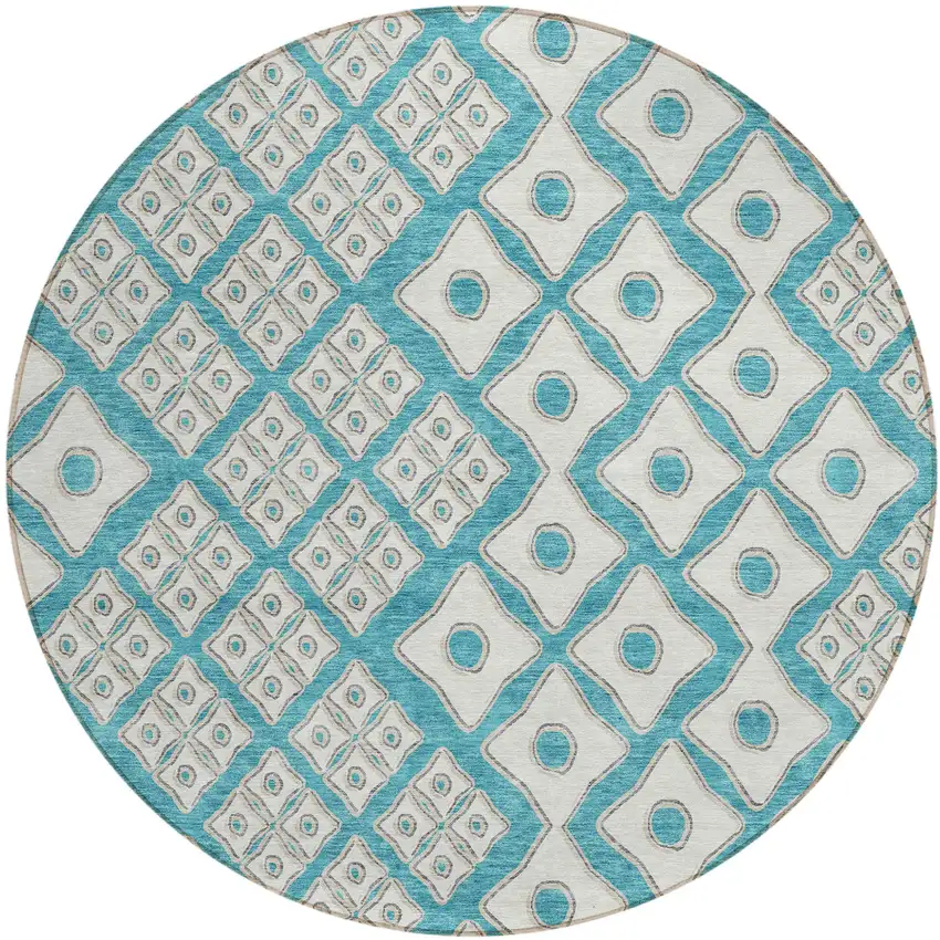 8' Teal Blue And Ivory Round Geometric Washable Indoor Outdoor Area Rug Photo 2