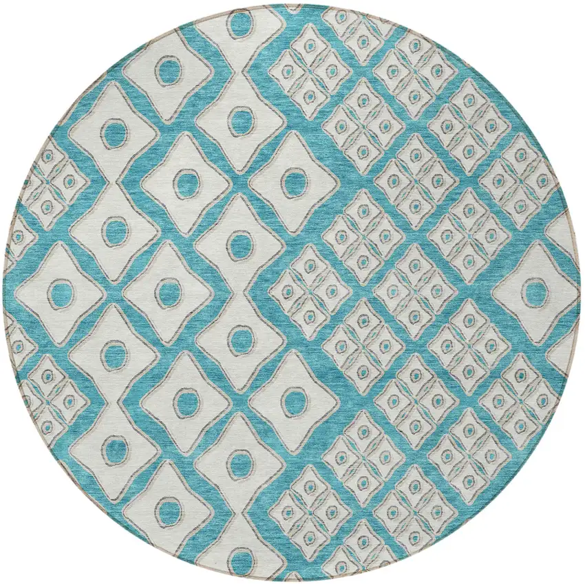 8' Teal Blue And Ivory Round Geometric Washable Indoor Outdoor Area Rug Photo 6