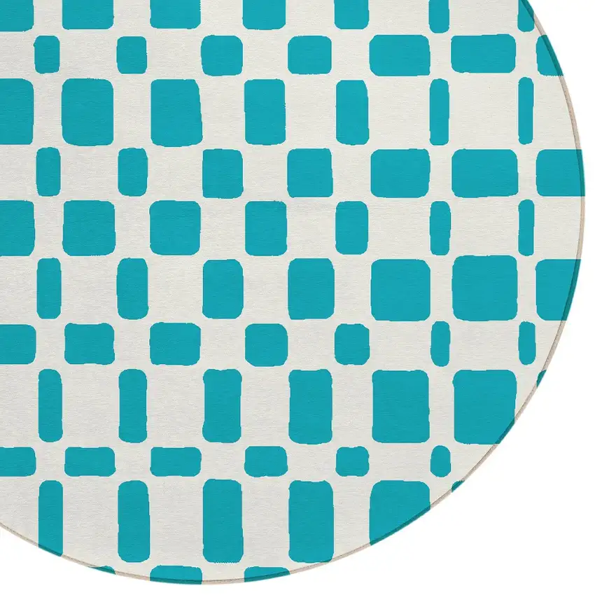 8' Teal Blue And Ivory Round Geometric Washable Indoor Outdoor Area Rug Photo 4