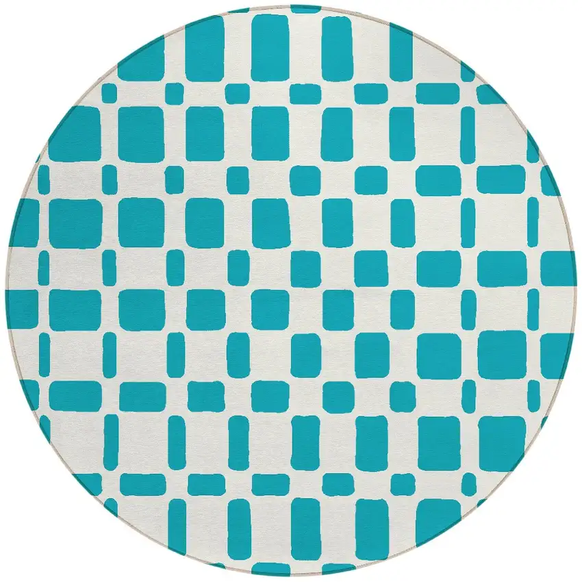 8' Teal Blue And Ivory Round Geometric Washable Indoor Outdoor Area Rug Photo 5