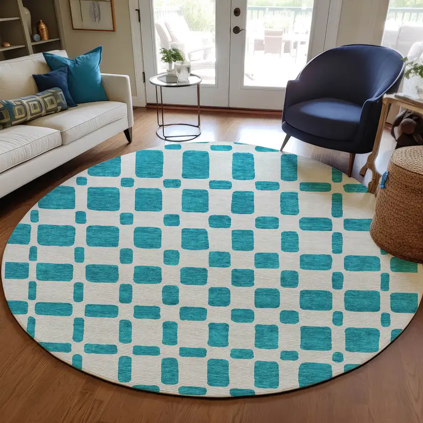 8' Teal Blue And Ivory Round Geometric Washable Indoor Outdoor Area Rug Photo 7