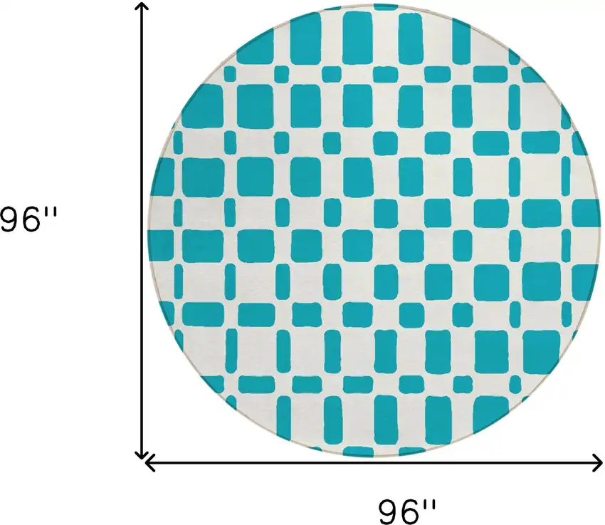 8' Teal Blue And Ivory Round Geometric Washable Indoor Outdoor Area Rug Photo 3