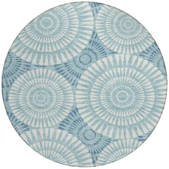 8' Teal Blue And Ivory Round Geometric Washable Indoor Outdoor Area Rug Photo 6