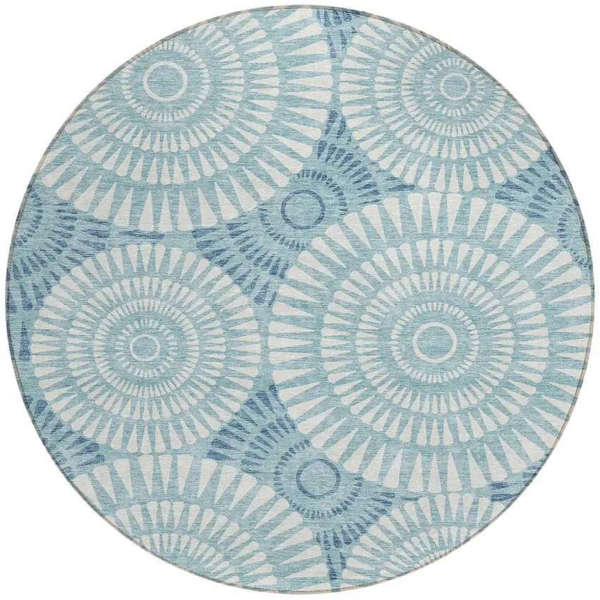 8' Teal Blue And Ivory Round Geometric Washable Indoor Outdoor Area Rug Photo 6