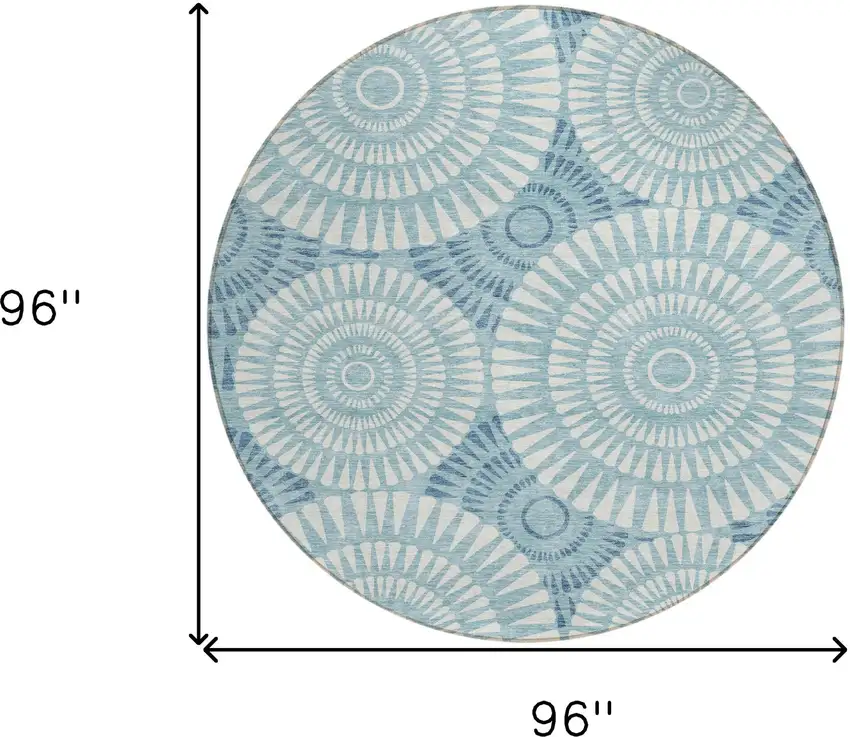 8' Teal Blue And Ivory Round Geometric Washable Indoor Outdoor Area Rug Photo 3