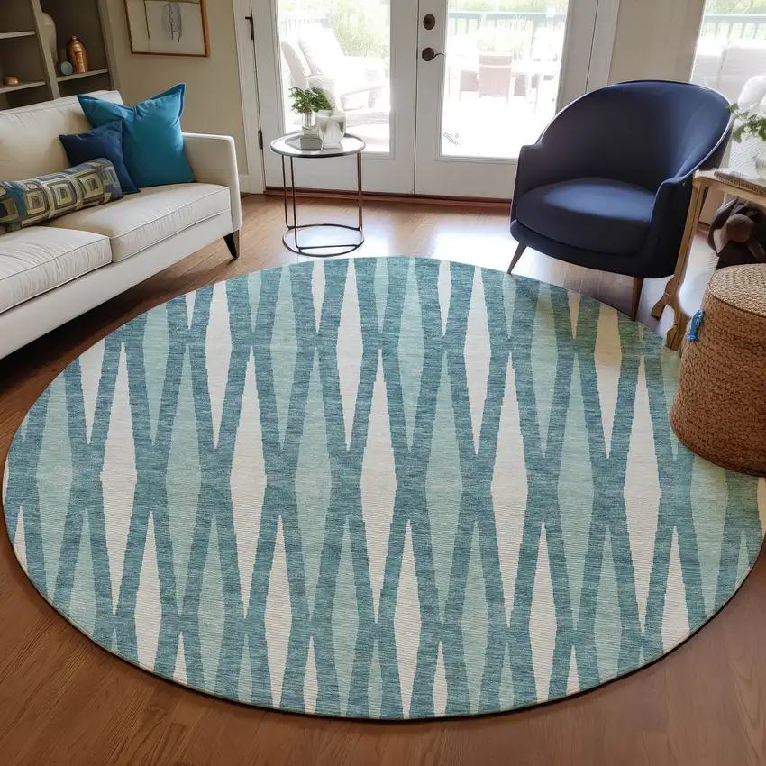 8' Teal Blue And Ivory Round Geometric Washable Indoor Outdoor Area Rug Photo 7